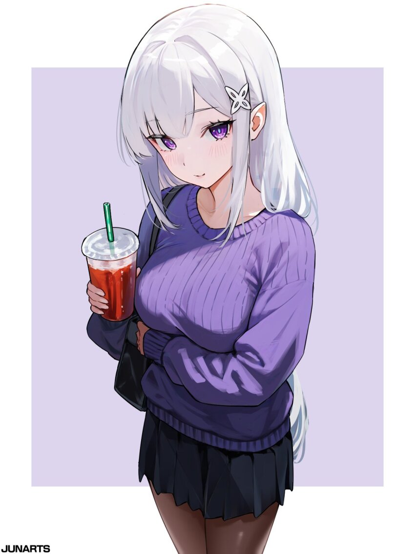 1girl black_pantyhose black_skirt breasts cup drinking_straw emilia_(re:zero) from_above hair_between_eyes highres junarts long_hair looking_at_viewer medium_breasts pantyhose pleated_skirt purple_sweater re:zero_kara_hajimeru_isekai_seikatsu sidelocks simple_background skirt solo sweater white_hair