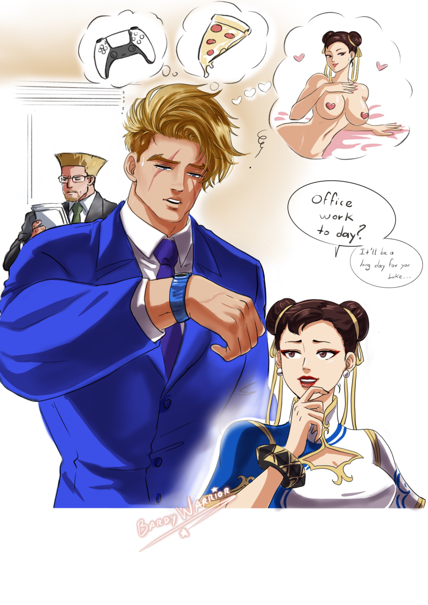 1girl 2boys absurdres bardy_warrior blue_suit capcom chun-li commentary double_bun english_commentary english_text flattop food formal_clothes guile hair_bun highres luke_sullivan multiple_boys necktie nipples pizza purple_necktie scar scar_on_face smile speech_bubble street_fighter street_fighter_6 suit