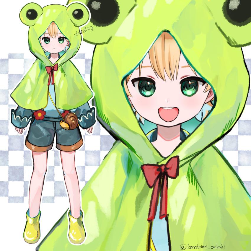 1boy animal_hood artist_name blonde_hair bow capelet checkered_background closed_mouth frog_hood full_body green_capelet green_eyes highres hood hood_up hooded_capelet kanasun12_30 long_sleeves looking_at_viewer male_focus multiple_views open_mouth original outline red_bow shorts sleeves_past_wrists standing straight-on twitter_username white_outline zoom_layer