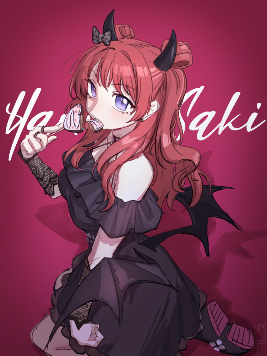 1girl absurdres black_dress character_name chocolate commentary demon_horns demon_wings dress eating gakuen_idolmaster hanami_saki highres hobgoblin-kim horns idolmaster jewelry kneeling korean_commentary long_hair looking_at_viewer mouth_hold off-shoulder_dress off_shoulder red_hair ring see-through_clothes see-through_sleeves shadow solo two_side_up wings