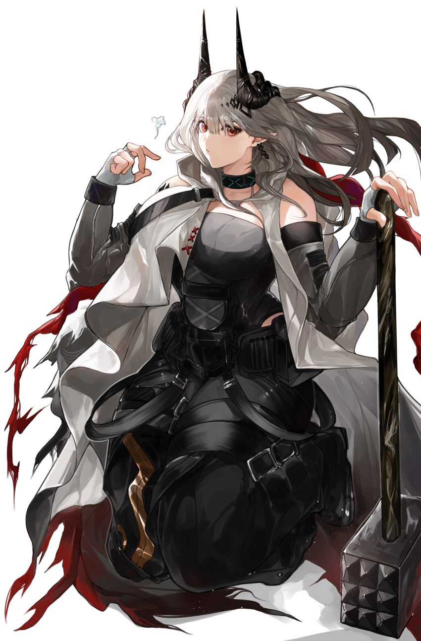 1girl absurdres arknights bare_shoulders black_choker black_horns breasts choker commentary demon_horns earrings eyelashes fingerless_gloves gloves grey_hair hair_ornament hammer highres holding holding_hammer horns jewelry large_breasts long_hair looking_at_viewer mudrock_(arknights) mudrock_(rubble)_(arknights) pointy_ears red_eyes sidelighting simple_background sledgehammer solo war_hammer weapon white_background yuki_flourish
