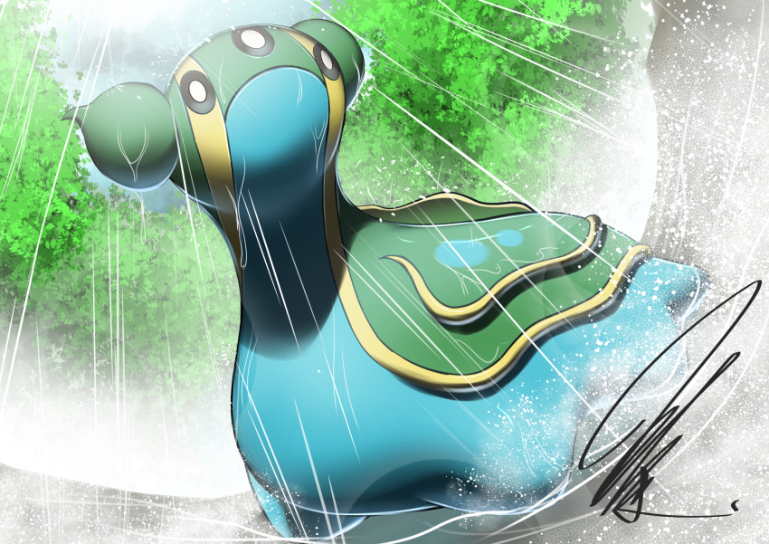2023 full_body game_freak gastrodon gastrodon_(east) gen_4_pokemon highres mitsukuma448 nature nintendo no_humans nudibranch outdoors pokemon pokemon_(creature) rain sea_slug shadow signature sky slug solo third_eye tree water wet