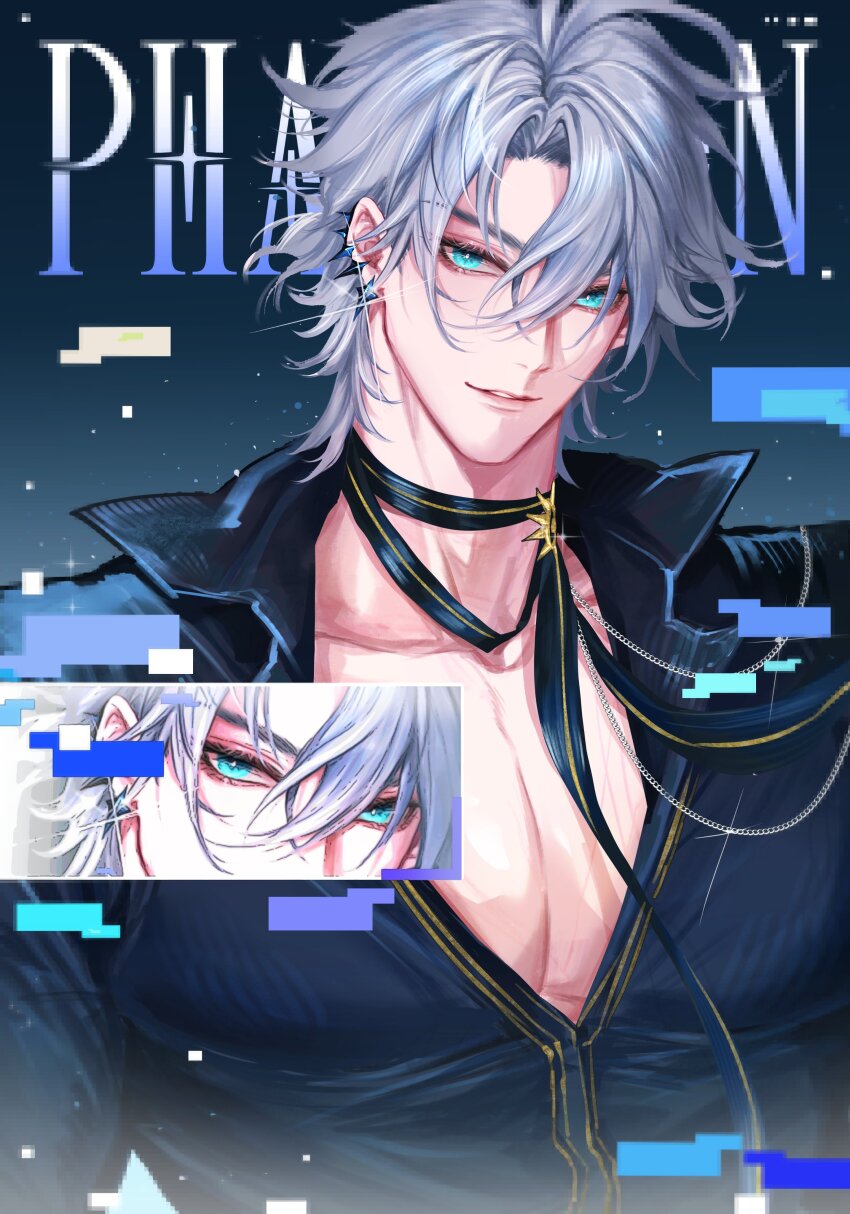 1boy absurdres ahoge astercatto black_shirt blue_background character_name collared_shirt commentary english_commentary glitch highres honkai:_star_rail honkai_(series) large_pectorals male_focus official_alternate_costume parted_lips pectorals phainon_(fashion)_(honkai:_star_rail) phainon_(honkai:_star_rail) shirt short_hair solo upper_body white_hair