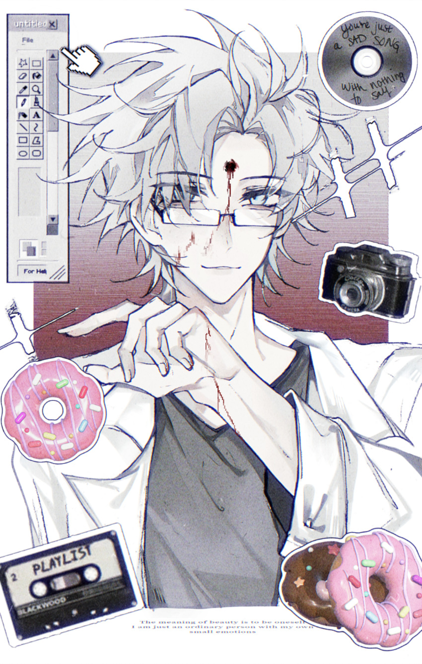 1boy absurdres black_shirt bleeding blood blood_on_face blood_on_hands blue_eyes camera chinese_commentary commentary_request curtained_hair donut english_text food glasses grey_hair gunshot_wound hand_up highres jacket kanou_aogu lapels long_hair long_sleeves male_focus notched_lapels rectangular_eyewear saibou_shinkyoku shirt short_hair smile solo spoilers swshiwu02433 upper_body variant_set white_jacket window_(computing)