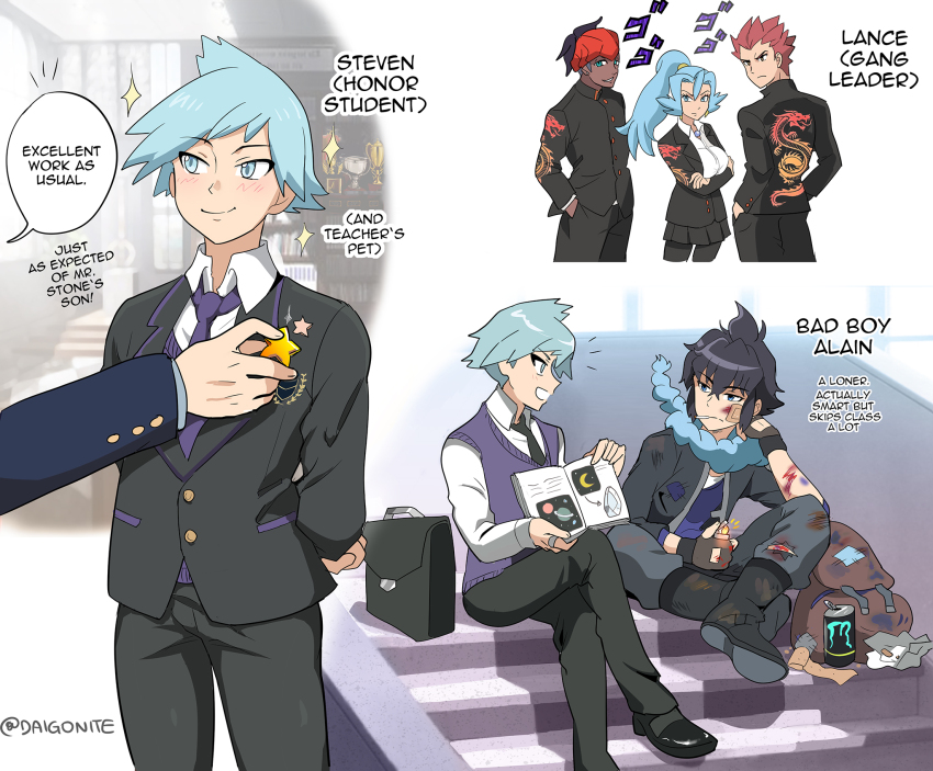 1girl 4boys aged_down alain_(pokemon) bandaid bandaid_on_face black_footwear black_jacket black_necktie black_pants blood brown_bag buttons character_name cigarette clair_(pokemon) collared_shirt commentary_request crossed_legs dragon_print english_text goro_orb highres jacket lance_(pokemon) monster_energy multiple_boys necktie nintendo pants pokemon pokemon_(anime) pokemon_journeys purple_necktie purple_vest raihan_(pokemon) school_uniform scrape shirt shoes sitting speech_bubble stairs steven_stone twitter_username vest watermark white_shirt