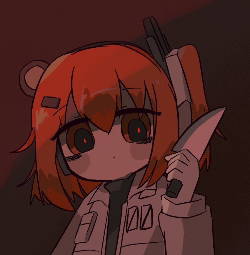 1girl a.i._voice adachi_rei black_shirt closed_mouth commentary glowing glowing_eyes hair_ornament hair_ribbon hairclip hand_up headlamp highres holding holding_knife hyouenn jacket knife long_sleeves looking_at_viewer medium_hair one_side_up open_clothes open_jacket orange_eyes orange_hair radio_antenna red_background ribbon shirt solo symbol-only_commentary upper_body utau white_jacket white_ribbon