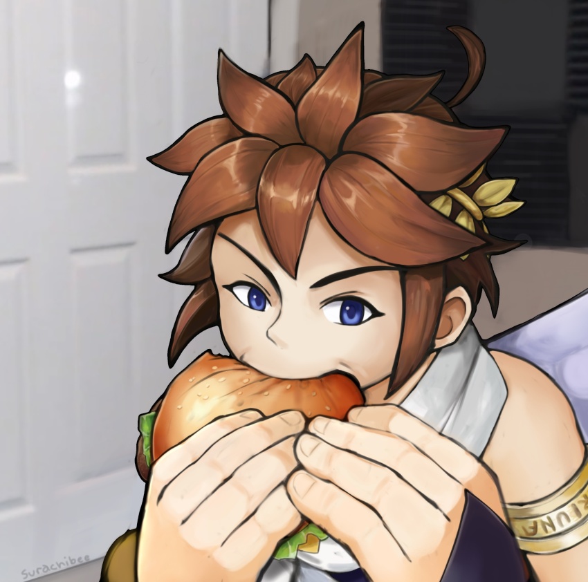 1boy ahoge angel armlet artist_name biting blue_eyes brown_hair burger eating fingernails food gibberish_commentary gold_armlet highres holding holding_burger holding_food jerma985_eating_a_whopper_(meme) jewelry kid_icarus kid_icarus_uprising large_hands laurel_crown male_focus meme nintendo official_style photo-referenced photo_background pit_(kid_icarus) scarf single_bare_shoulder single_sidelock solo spiked_hair surachibee twitter_username v-shaped_eyebrows white_scarf whopper