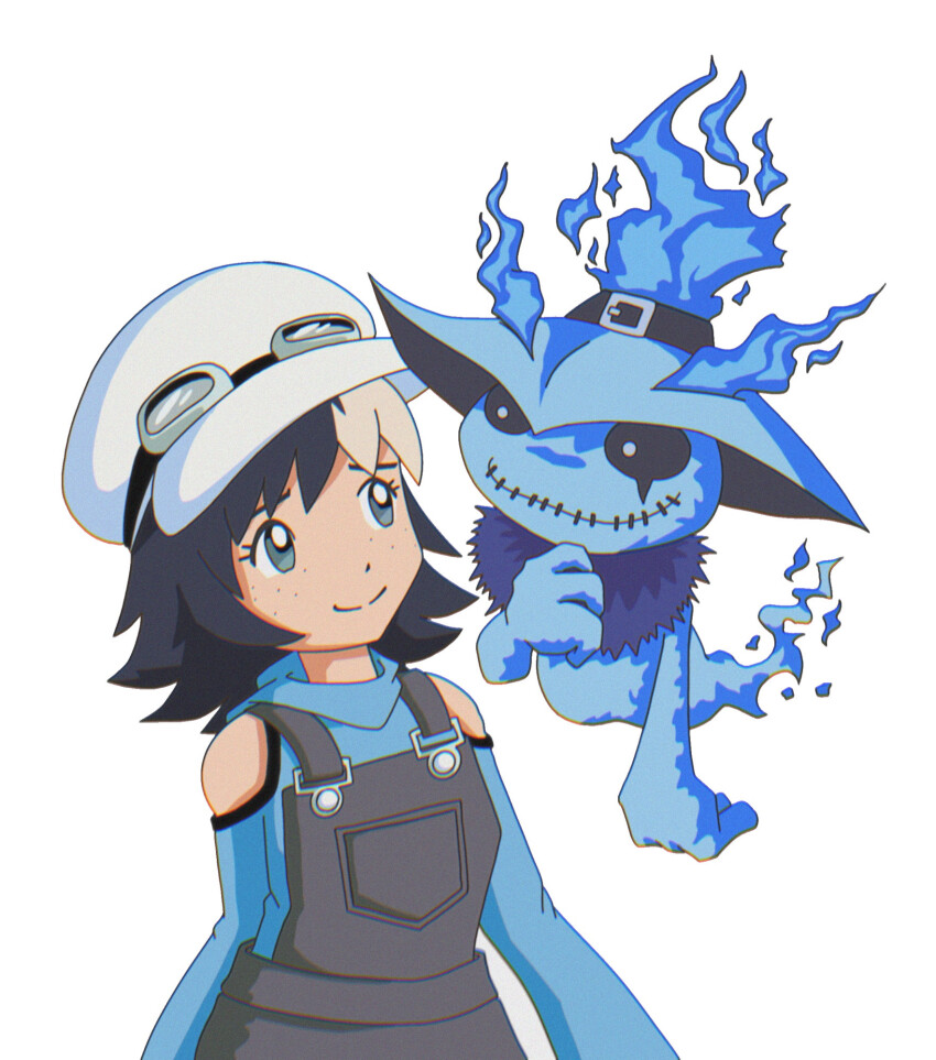 blue_eyes blue_fire digimon digimon_(creature) fire ghostmon highres original smile solo