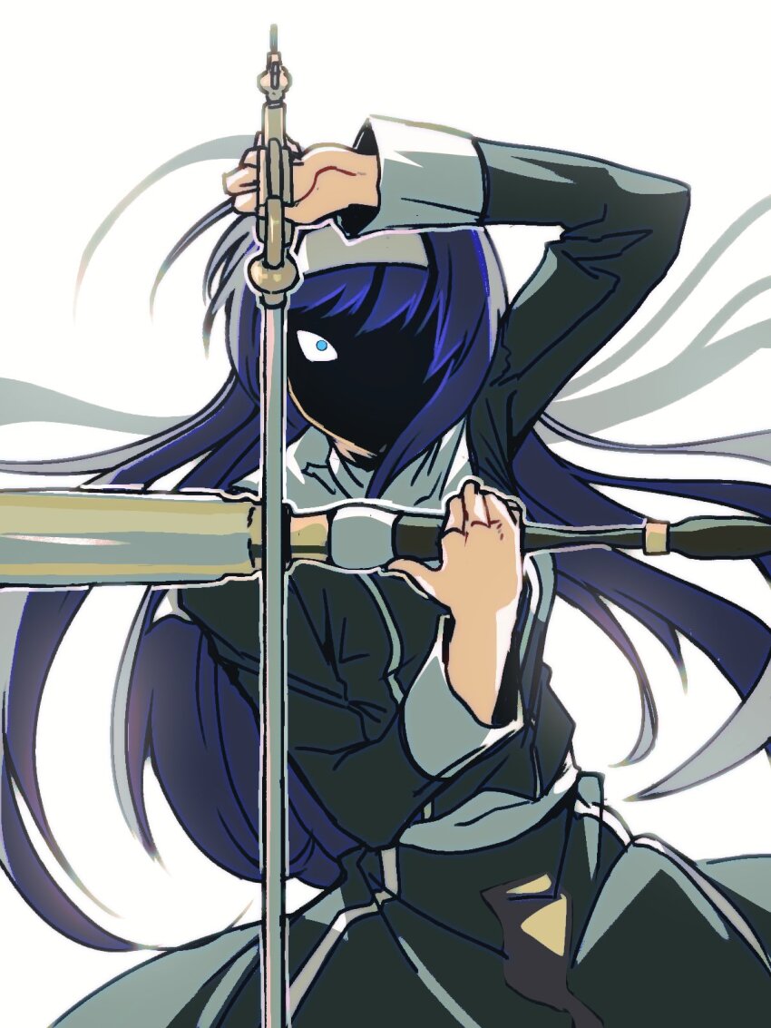 1girl black_dress blue_eyes blue_hair commentary cowboy_shot dress dual_wielding english_commentary floating_hair hairband hellsing highres holding holding_sword holding_weapon long_hair orie_ballardiae_harada shaded_face simple_background solo sora_(zombiebathwater) sword under_night_in-birth weapon white_background white_hairband