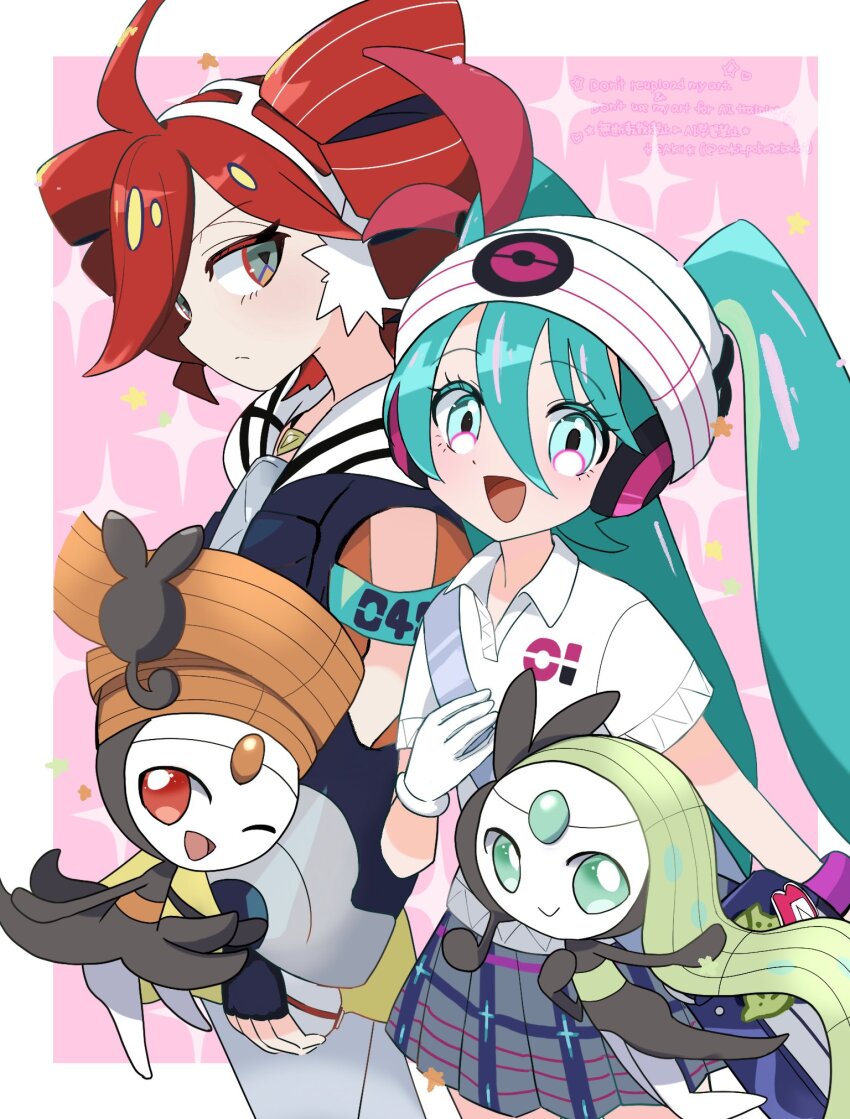 2girls gen_5_pokemon hatsune_miku highres kasane_teto legendary_pokemon meloetta meloetta_(aria) meloetta_(pirouette) miniskirt multiple_girls mythical_pokemon nintendo pokemon pokemon_(creature) project_voltage psychic_miku_(project_voltage) rival_teto_(project_voltage) saki_pokeoekaki skirt utau vocaloid