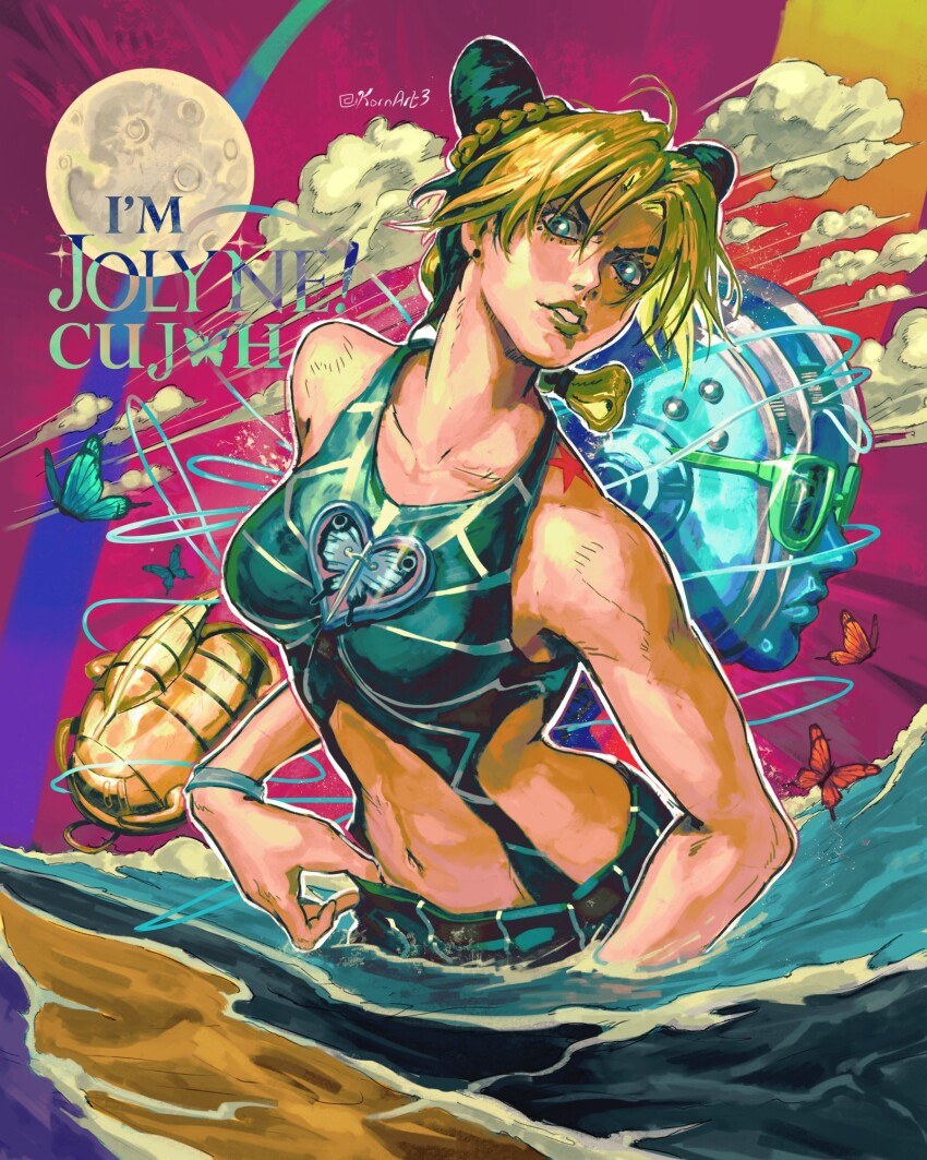 1girl birthmark black_hair braid bug bun_with_braided_base butterfly commentary cone_hair_bun double_bun green_hair green_lips hair_bun highres insect joestar_birthmark jojo_no_kimyou_na_bouken kornart kuujou_jolyne lipstick makeup midriff multicolored_hair stand_(jojo) stone_free stone_ocean string two-tone_hair