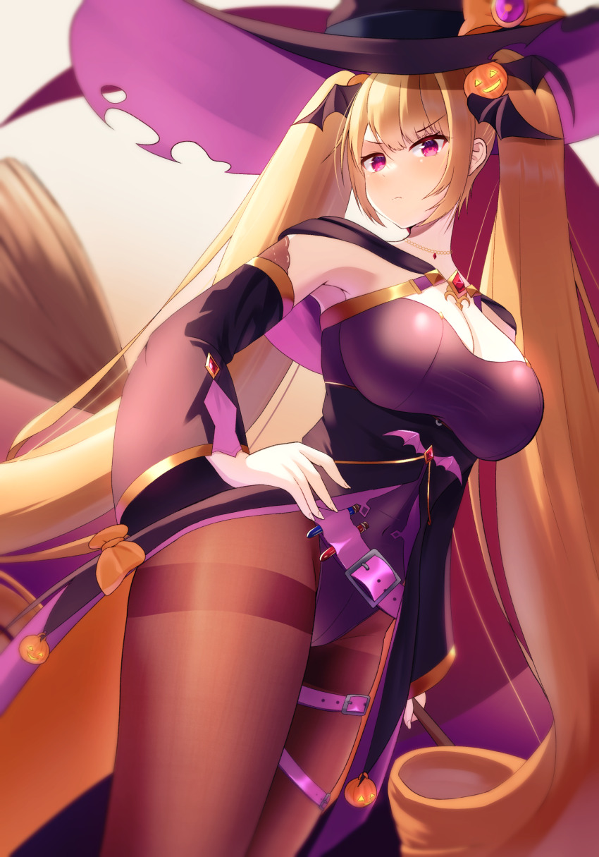 1girl azur_lane bat_hair_ornament belt black_pantyhose blonde_hair blush breasts broom cape cleavage food-themed_hair_ornament gem hair_ornament halloween halloween_costume hat highres holding holding_broom jack-o&#039;-lantern jack-o&#039;-lantern_hair_ornament large_breasts leotard long_hair looking_at_viewer nelson_(azur_lane) nelson_(luna_witch)_(azur_lane) official_alternate_costume pantyhose potion pumpkin_hair_ornament purple_leotard red_eyes red_gemstone solo tako-san_wiener_(takosanuma) taut_leotard thighband_pantyhose twintails very_long_hair witch_hat
