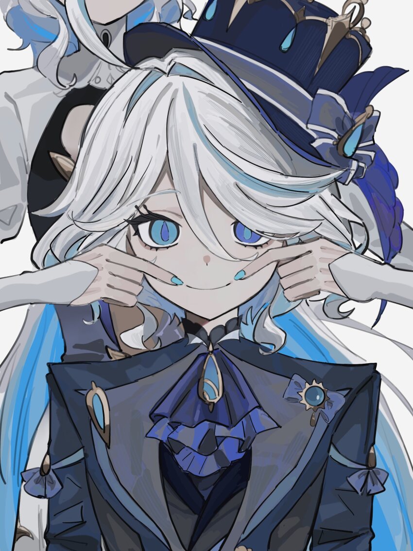 2girls ahoge arms_at_sides ascot black_jacket blue_ascot blue_eyes blue_hair blue_hat blue_nails colored_inner_hair dress fingersmile forced_smile furina_(genshin_impact) genshin_impact hat head_out_of_frame heterochromia highres jacket long_hair looking_at_viewer multicolored_hair multiple_girls nail_polish nnyyy71 simple_background straight-on top_hat upper_body white_background white_dress white_hair