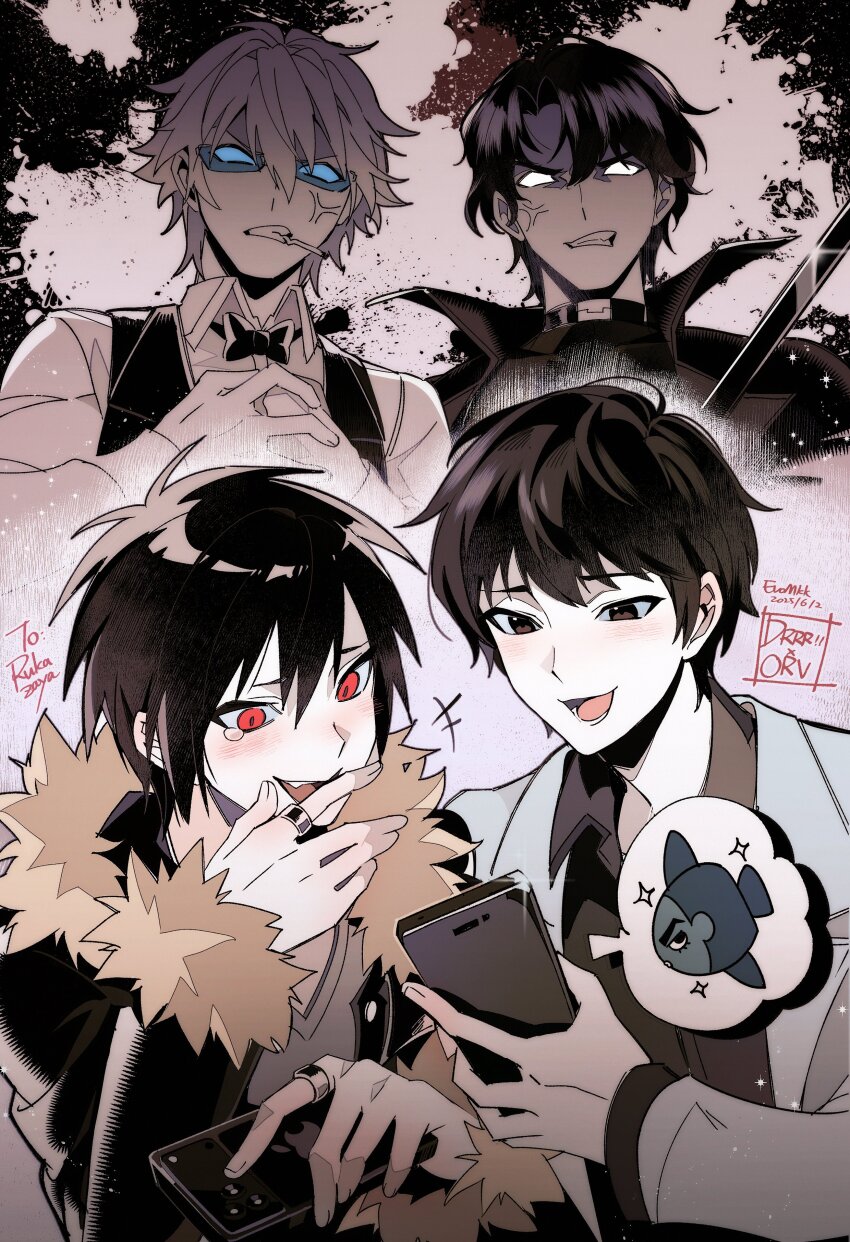 +++ 4boys absurdres anger_vein angry arm_up arms_up artist_name blue-tinted_eyewear bow bowtie brown_eyes cellphone cigarette clenched_teeth collared_shirt commentary covering_own_mouth cracking_knuckles crossover durarara!! empty_eyes eromkk fur-trimmed_jacket fur-trimmed_sleeves fur_trim furious glasses hair_between_eyes hand_over_own_mouth hashtag-only_commentary heiwajima_shizuo highres holding holding_phone image_in_speech_bubble jacket jewelry kim_dokja laughing layered_sleeves long_sleeves looking_at_phone male_focus multiple_boys mystical_high_collar omniscient_reader&#039;s_viewpoint open_clothes open_collar open_jacket open_mouth orihara_izaya phone red_eyes ring shirt speech_bubble spot_color suit_jacket teeth tinted_eyewear tongue v-neck vest weapon wing_collar yoo_joonghyuk
