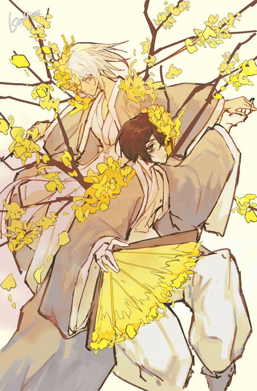 1boy 1girl absurdres black_hair branch coat dongbaek_(project_moon) e.g.o_(project_moon) flower flower_over_eye folding_fan grey_coat hanbok hand_fan highres holding holding_fan kalliope_orc korean_clothes limbus_company long_sleeves looking_at_viewer pants plant_wings project_moon short_hair simple_background spicebush_(e.g.o) technology_liberation_alliance_(identity)_(project_moon) white_background white_hair white_hanbok white_pants wide_sleeves wings yellow_eyes yellow_flower yi_sang_(project_moon)