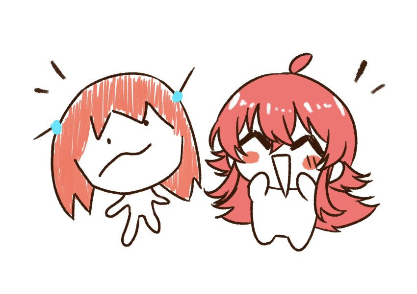 ._. 2girls :d ^_^ ahoge blush_stickers chibi chibi_only closed_eyes commentary crossover hair_ornament hanamiya_nina_(style) highres hinoshita_kaho idolmaster idolmaster_shiny_colors komiya_kaho link!_like!_love_live! long_hair love_live! medium_hair multiple_girls name_connection open_mouth orange_hair red_hair sidelocks simple_background smile uomomiji virtual_youtuber white_background