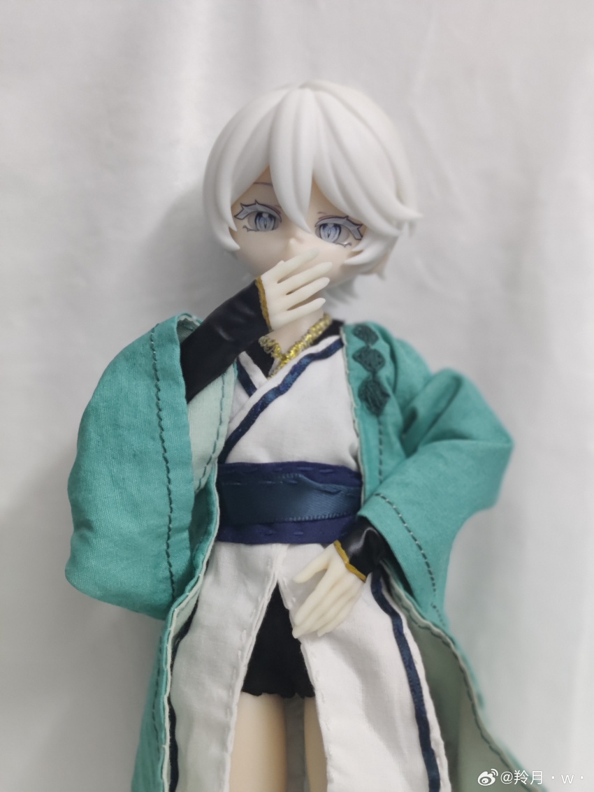 1girl absurdres character_doll chinese_clothes colored_eyelashes doll figure grey_eyes hand_to_own_mouth highres long_sleeves photo_(medium) photo_background realistic short_hair short_shorts shorts vocaloid vsinger_(vocaloid) watermark weibo_username weibo_watermark white_background white_eyelashes white_hair wide_sleeves yanhe yanhe_(daojianchunqiu)