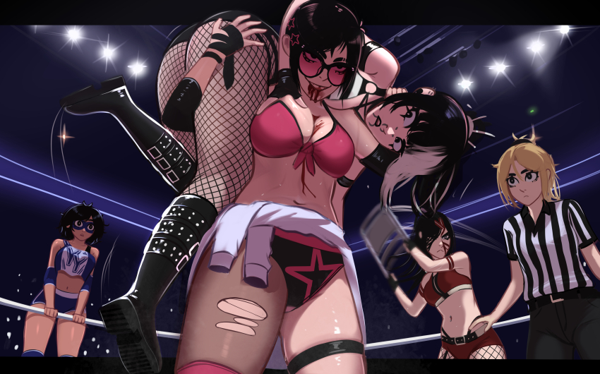 5girls absurdres asymmetrical_legwear belly belt bikini black_footwear black_hair blonde_hair blood blood_drip blood_from_mouth blood_on_face blunt_bangs boots breasts carrying chair cleavage clothes_around_waist elbow_pads elbow_sleeve evil_grin evil_smile fireman&#039;s_carry fishnets folding_chair front-tie_bikini_top front-tie_top glasses grabbing_another&#039;s_breast grin groping hand_on_another&#039;s_ass high-waist_pants highres holding_chair incoming_attack jessie_(veyonis) kadence_(veyonis) knee_boots large_breasts leather leather_boots lifting_person long_hair messy_hair mika_(veyonis) missing_tooth multicolored_hair multiple_girls navel original pants pink-tinted_eyewear polo_shirt ponytail red_sports_bra referee rosen_(veyonis) shiny_skin shirt short_hair single_leg_pantyhose single_thighhigh skindentation smile sports_bra stadium star_(symbol) striped_clothes striped_shirt struggling sunglasses swimsuit thick_thighs thighhighs thighs tinted_eyewear two-tone_hair veyonis wrestling wrestling_outfit wrestling_ring yuna_(veyonis)