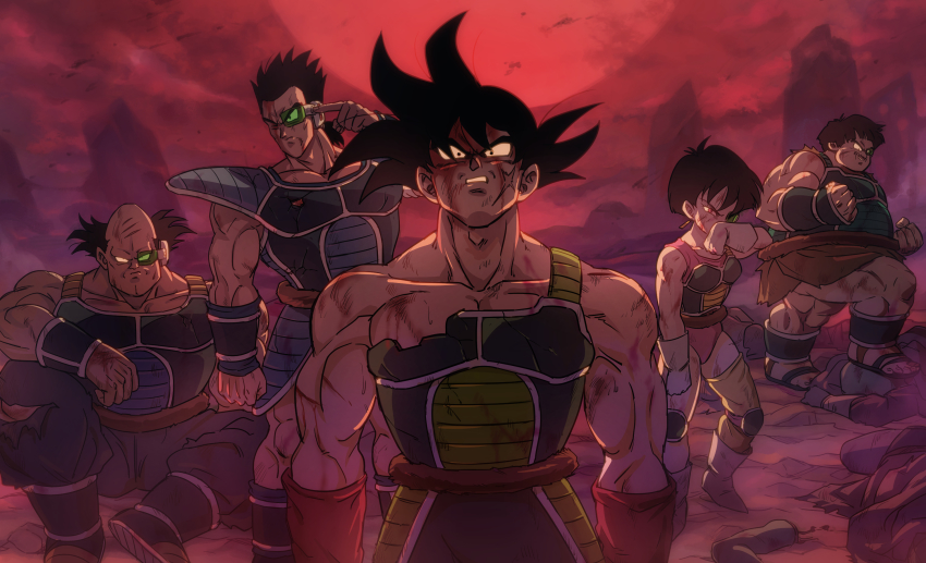 armor bardock bleeding blood blood_on_face blood_on_clothes blood_on_hands bodysuit boriroba breastplate broken broken_armor bruise bruise_on_face bruised_eye clenched_teeth dirty dragon_ball dragonball_z highres injury monkey_tail panbukin_(dragon_ball) pauldrons red_sky saiyan saiyan_armor scouter scratches seripa shoulder_armor sky tail teeth toma_(dragon_ball) torn_bodysuit torn_clothes toteppo