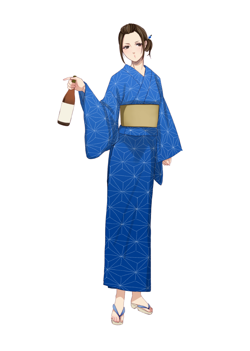 10s 1girl absurdres asa_no_ha_(pattern) bottle brown_hair full_body grey_eyes hair_ornament hair_stick highres japanese_clothes kimono mole mole_under_eye okukawa_minako rin_(ritsukasama) sandals simple_background white_background yukata yuri!!!_on_ice
