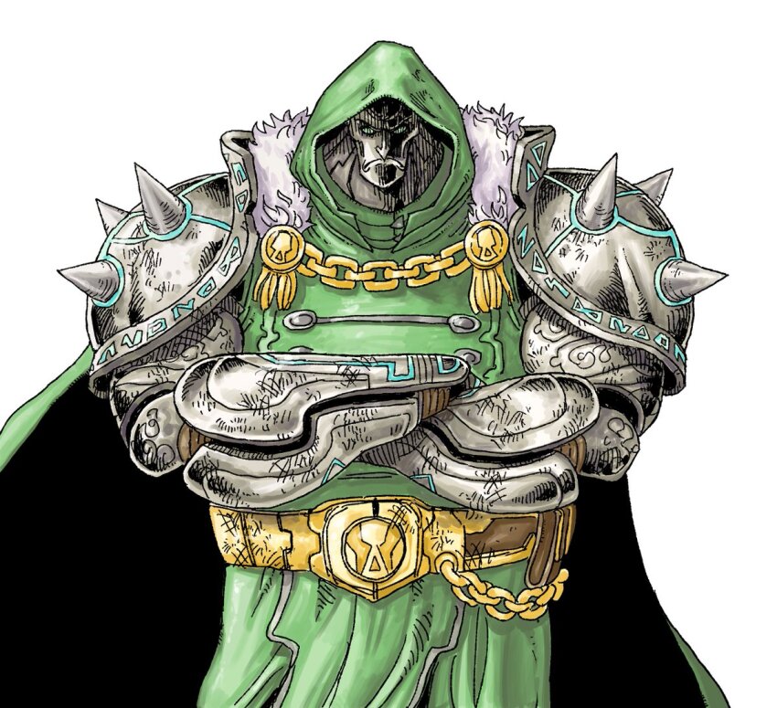 1boy angry armor belt cape doctor_doom eiichiroyoda fantastic_four full_armor fur_trim hood male_focus marvel marvel_rivals oda_eiichirou_(style) one_piece solo spikes tunic white_background