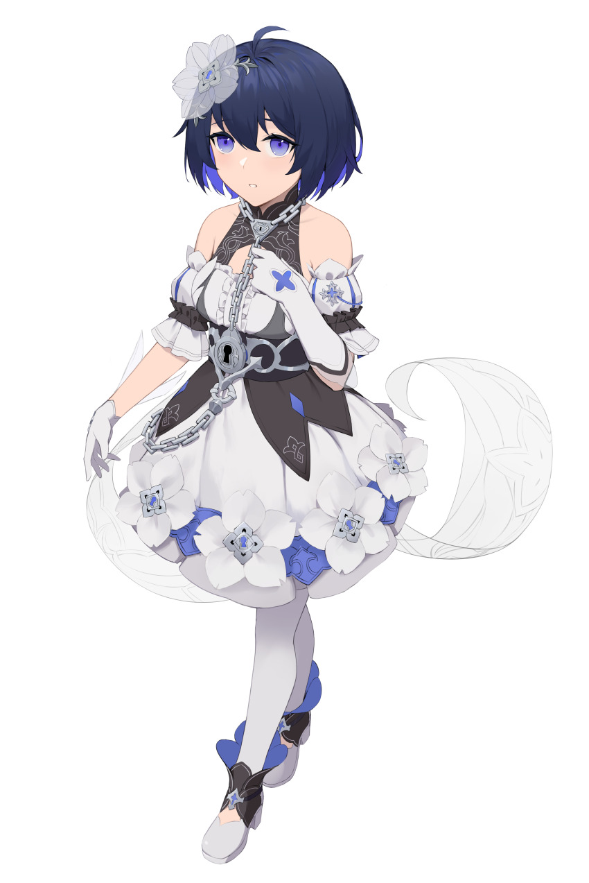 1girl absurdres ahoge bare_shoulders blue_eyes blue_hair bob_cut dress fled flower full_body gloves hair_flower hair_ornament highres honkai_(series) honkai_impact_3rd looking_at_viewer puffy_short_sleeves puffy_sleeves seele_vollerei seele_vollerei_(stygian_nymph) short_hair short_sleeves solo standing thighhighs transparent_background white_dress white_flower white_gloves white_thighhighs