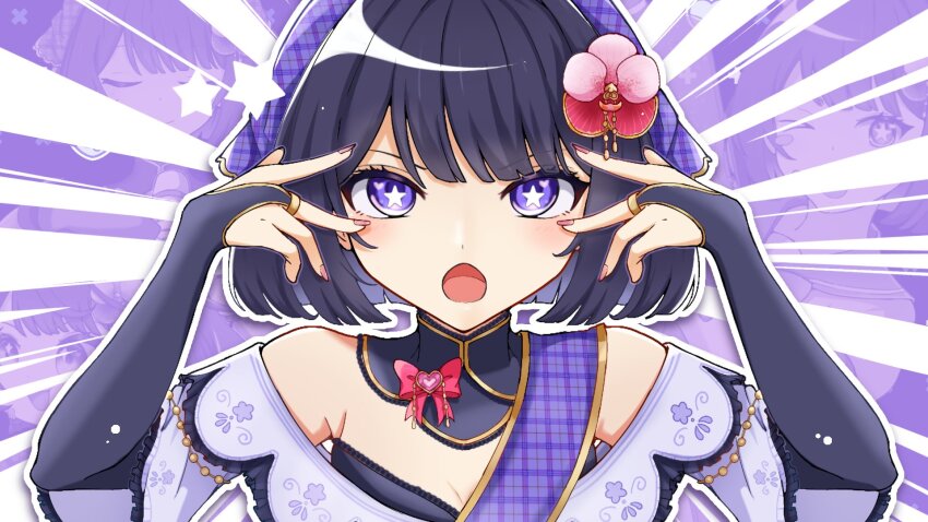 1girl aegis-link black_bridal_gauntlets black_collar black_hair bow bridal_gauntlets bright_pupils collar flower hair_flower hair_ornament hat heart heart_in_eye highres m@gical_cure!_love_shot!_(vocaloid) maefae open_mouth pink_bow pink_flower pink_nails plaid_hat purple_eyes purple_hat second-party_source short_hair star-shaped_pupils star_(symbol) symbol-shaped_pupils symbol_in_eye upper_body whafsahm white_pupils