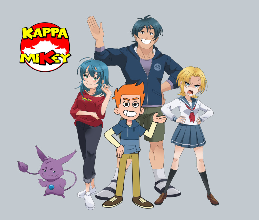 2boys 2girls alternate_design anger_vein angry arm_up beige_pants black_socks blue_hair blue_jacket blue_pants blue_sailor_collar blue_shirt blue_skirt brown_footwear cargo_shorts collarbone copyright_name gem gem_in_body gonard_(kappa_mikey) green_shorts grey_background grin guano_(kappa_mikey) hand_on_own_hip hands_on_own_hips highres jacket kappa_mikey kiana_mai light_blush lily_(kappa_mikey) logo long_hair looking_at_viewer mikey_simon mitsuki_(kappa_mikey) multiple_boys multiple_girls neckerchief nickelodeon open_mouth pants purple_fur red_neckerchief red_shirt sailor_collar sandals school_uniform serafuku shirt shoes short_hair shorts simple_background skirt smile socks toon_(style) waving whiskers white_footwear white_shirt white_sleeves white_socks