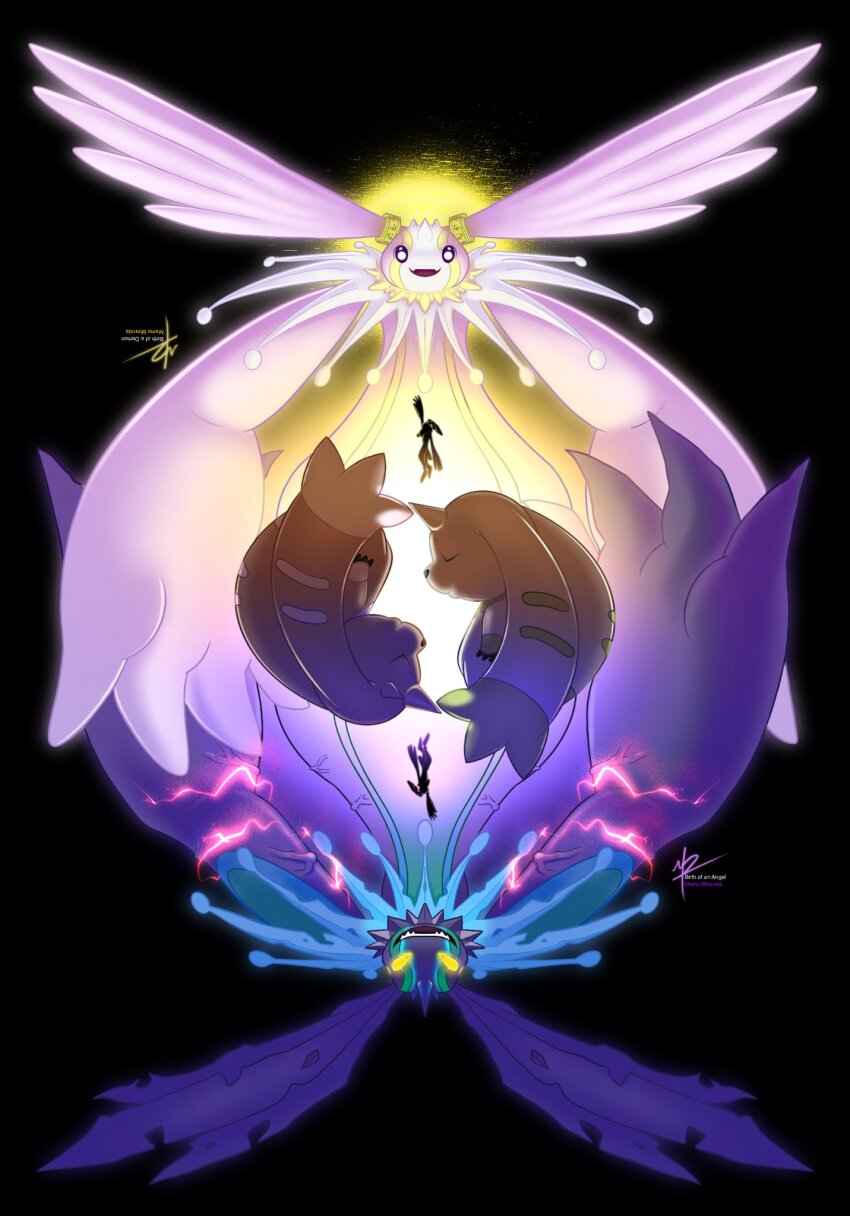 andiramon andiramon_(deva) angel cherubimon cherubimon_(vice) cherubimon_(virtue) digimon digimon_(creature) fallen_angel highres holy_ring horns looking_to_the_side lopmon terriermon yellow_eyes