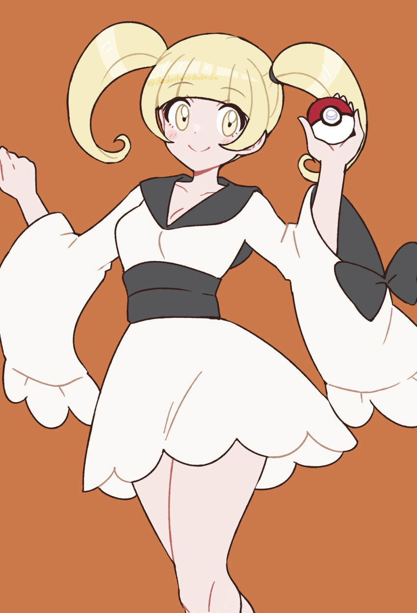 1girl blonde_hair blunt_bangs blush breasts brown_background closed_mouth commentary_request dadadanoda eyelashes furisode furisode_girl_(pokemon) furisode_girl_katherine hands_up highres holding holding_poke_ball japanese_clothes kimono looking_at_viewer medium_breasts nintendo poke_ball poke_ball_(basic) pokemon pokemon_xy sash smile solo twintails w_arms white_kimono wide_sleeves yellow_eyes