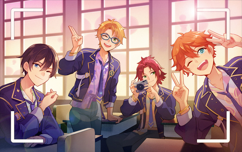 4boys akehoshi_subaru arm_up black_hair blonde_hair blue_eyes blue_jacket blue_necktie camera chinese_commentary desk double_v elbows_on_table ensemble_stars! feng_you finger_heart gradient_sky green_eyes hair_between_eyes heart heart_hands hidaka_hokuto highres holding holding_camera indoors isara_mao jacket looking_at_viewer multiple_boys necktie official_alternate_costume one_eye_closed open_mouth orange_hair parted_bangs red_hair salute school_desk school_uniform short_hair sky smile teeth trickstar_(ensemble_stars!) two-finger_salute upper_teeth_only v window yuuki_makoto_(ensemble_stars!)