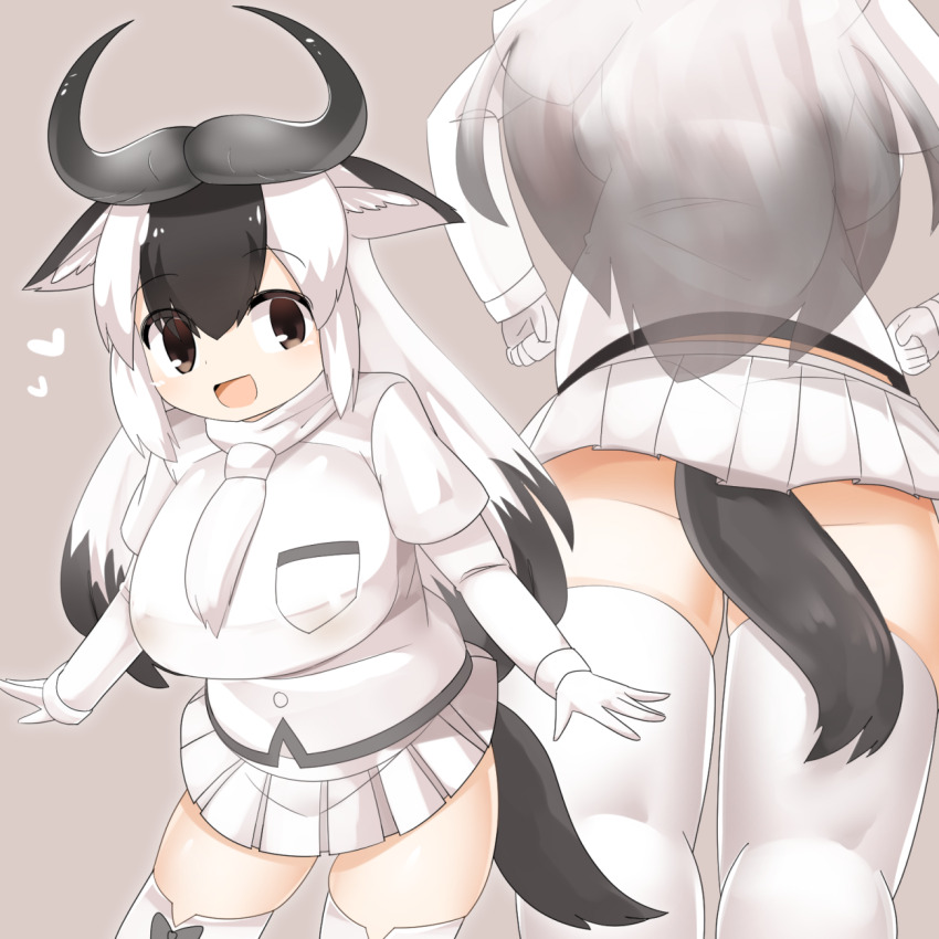 1girl :d animal_ear_fluff animal_ears ass black_hair blue_wildebeest_(kemono_friends) breast_pocket breasts brown_eyes commentary_request elbow_gloves feet_out_of_frame gloves grey_background grey_horns hair_between_eyes heart highres horns kemono_friends large_breasts lets0020 long_hair looking_at_viewer miniskirt multicolored_hair multiple_views open_mouth pleated_skirt pocket shirt short_sleeves skirt smile tail thighhighs two-tone_hair white_gloves white_hair white_shirt white_skirt white_thighhighs