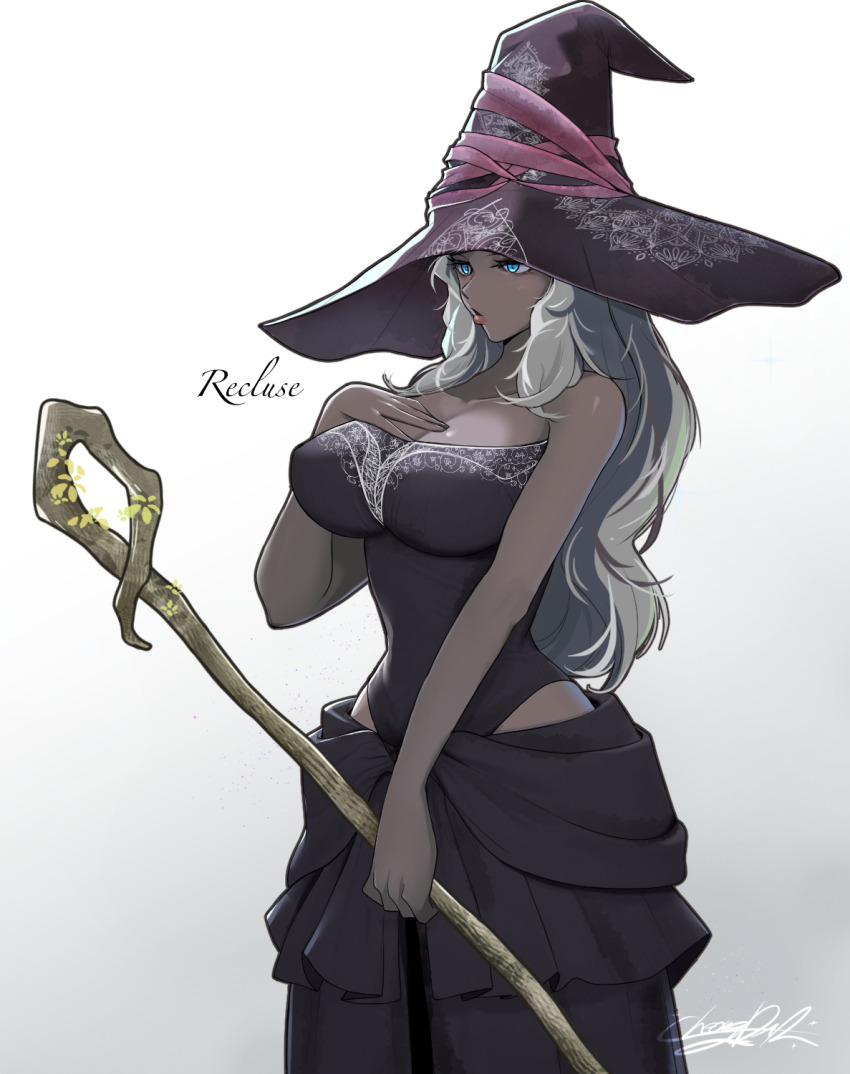 1girl alternate_skin_color bare_shoulders black_dress blue_eyes breasts cheongdal cleavage dark-skinned_female dark_skin dress elden_ring elden_ring_nightreign english_text hat highres holding large_hat long_hair purple_hat recluse_(elden_ring) simple_background solo white_hair witch witch_hat