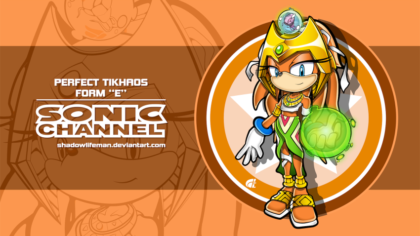 1girl alternate_costume alternate_form aura bare_shoulders blue_eyes bracelet brain chaos_(sonic) chest_jewel commentary dreadlocks enerjak_(sonic) english_text exposed_brain eyelashes floating floating_object forehead_jewel furry furry_female fusion gem gloves glowing glowing_hand green_gemstone hair_ribbon highres jewelry long_hair looking_at_viewer midriff navel necklace orange_fur orb possessed possession ribbon sega shadowlifeman skirt smile solo sonic_(series) sonic_adventure sonic_channel sonic_the_hedgehog_(archie_comics) standing tail tiara tikal_the_echidna toeless_footwear white_gloves white_ribbon
