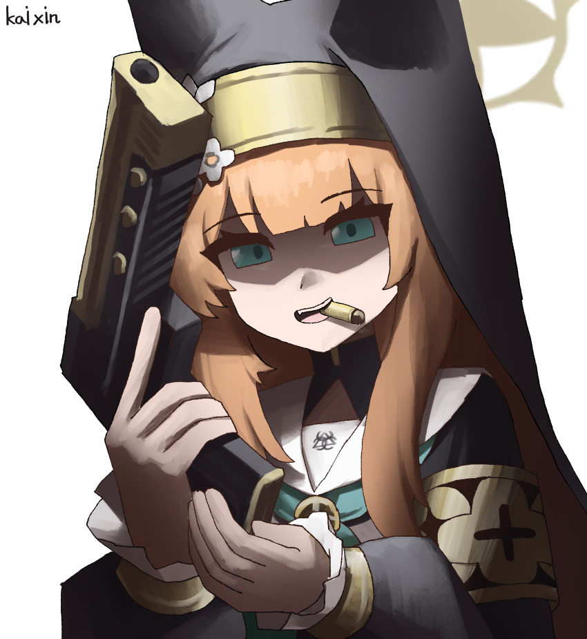 1girl absurdres animal_ears armlet blue_archive blue_eyes bullet bullet_biting cat_ears cat_girl coif commentary desert_eagle ears_under_headwear english_commentary flower gun hair_between_eyes hair_flower hair_ornament halo handgun highres holding holding_gun holding_weapon jewelry kai_xin long_hair looking_at_viewer mari_(blue_archive) mouth_hold nun orange_hair reloading school_uniform serafuku shaded_face sidelocks simple_background solo trinity_general_school_logo upper_body weapon white_background