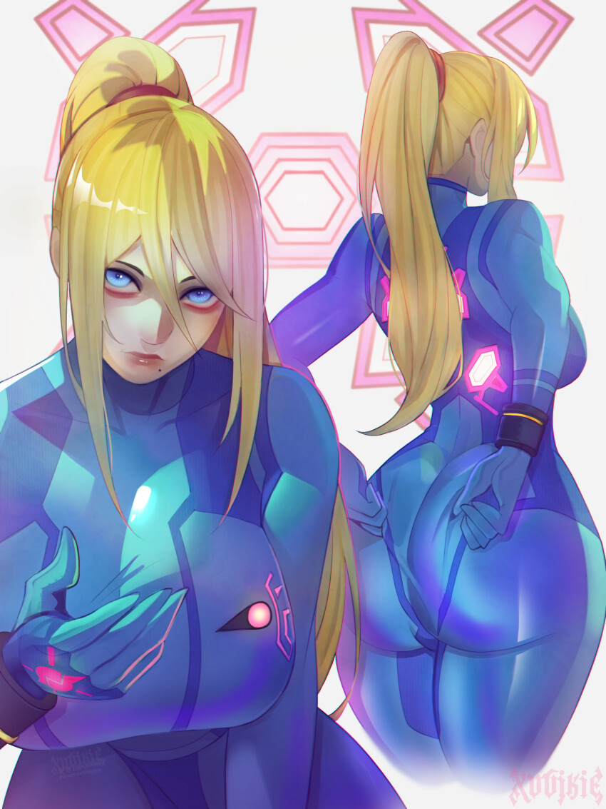1girl absurdres adjusting_clothes ass blonde_hair blue_bodysuit blue_eyes bodysuit breasts hair_between_eyes high_ponytail highres huge_ass large_breasts lips long_hair looking_at_viewer metroid mole mole_under_mouth nintendo ponytail samus_aran sidelocks skin_tight solo thick_thighs thighs xuuikie_ashe zero_suit