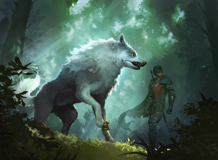 2boys absurdres armor black_cape bracer bush cape clive_rosfield commentary fangs final_fantasy final_fantasy_xvi forest grass grey_fur grey_wolf highres looking_to_the_side magic:_the_gathering multiple_boys narendrabadi nature official_art standing torgal_(ff16) wolf yellow_eyes