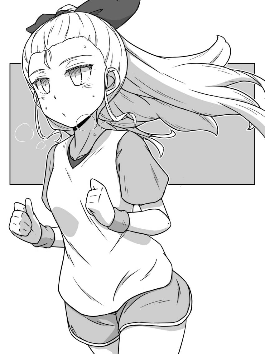 1girl assam_(girls_und_panzer) closed_mouth commentary cowboy_shot girls_und_panzer greyscale hair_pulled_back hair_ribbon highres long_hair looking_to_the_side monochrome renshiu ribbon running shirt short_shorts short_sleeves shorts solo sweat t-shirt wind wristband