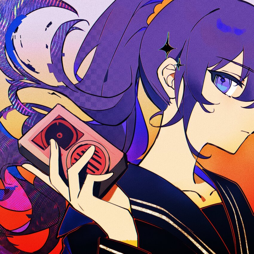 1girl asahina_mafuyu black_sailor_collar commentary expressionless film_grain from_side frown gradient_background hair_between_eyes highres holding looking_at_viewer netsu_ijou_(utau) portrait project_sekai purple_eyes purple_hair qimomo1227 sailor_collar solo