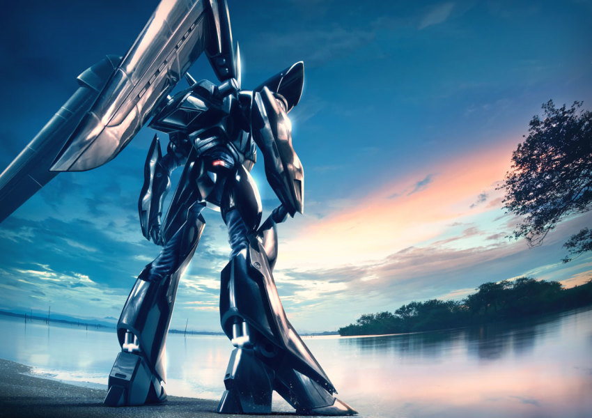 clenched_hand from_behind hiropon_(tasogare_no_puu) kidou_keisatsu_patlabor mecha mechanical_wings no_humans open_hand photo_background robot science_fiction sky solo standing sunset type_j-9_griffon water wings