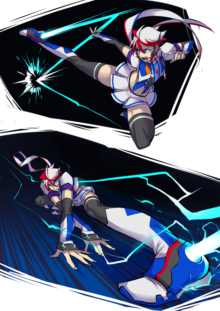 1girl action black_hair blue_eyes boots collage cropped_jacket detached_sleeves flying_kick foreshortening genderswap genderswap_(mtf) highres kicking multicolored_hair personification pleated_skirt red_hair ryuusei_(mark_ii) scarf sideburns skirt smokescreen_(transformers) solo_focus thigh_boots thighhighs transformers white_hair zettai_ryouiki
