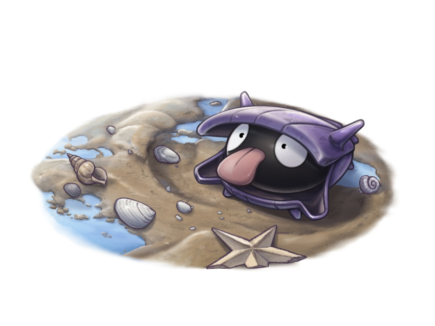 black_eyes border dl_90_p gen_1_pokemon mixed-language_commentary nintendo no_humans pokemon pokemon_(creature) rock sand seashell shell shellder solo tongue water white_border