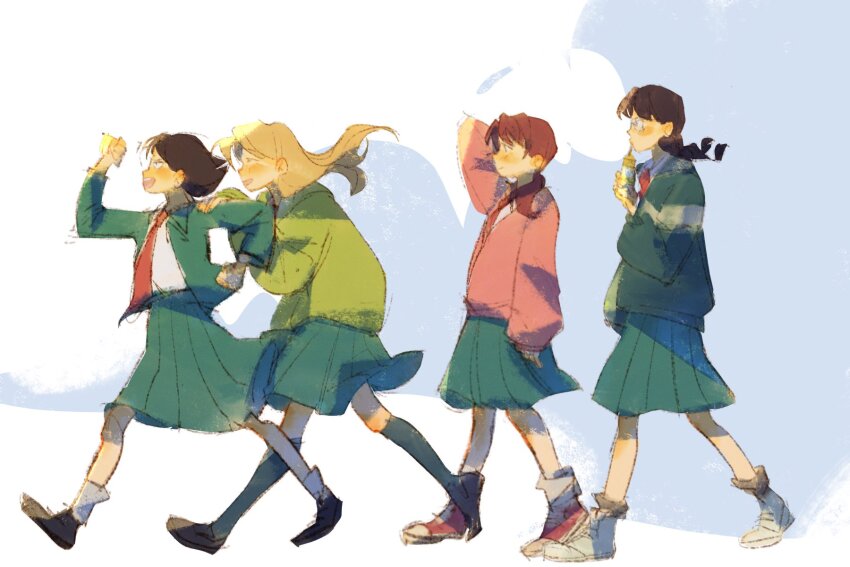 4girls arm_behind_head black_footwear black_hair blonde_hair blue_coat blue_skirt brown_hair cloud coat drinking drinking_straw egashira_mika green_coat hand_on_shoulder highres iwakura_mitsumi kurume_makoto marta_png multiple_girls murashige_yuzuki pink_coat pink_footwear school_uniform skip_to_loafer skirt socks walking white_background white_footwear
