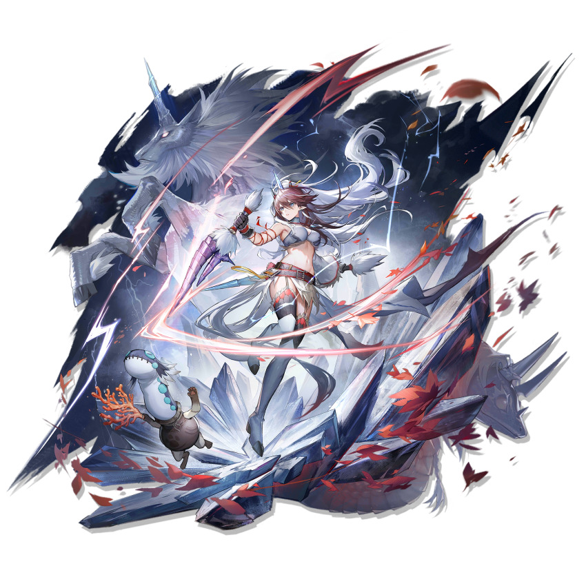 1girl arknights bare_shoulders belt black_belt black_gloves black_thighhighs blue_eyes boots breasts brown_hair crop_top elite_ii_(arknights) fake_horns full_body gloves highres holding holding_weapon horns jewelry kang_yiqian_(self_cultivation) kirin_(armor) kirin_r_yato_(arknights) large_breasts long_hair midriff monster_hunter_(series) multicolored_hair navel official_art pendant pointy_ears reverse_grip skirt solo stomach thigh_boots thighhighs thighs transparent_background two-tone_hair very_long_hair weapon white_boots white_hair yato_(arknights)