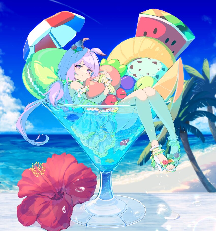 1girl animal_ears bare_shoulders barefoot beach beach_umbrella blush bow breasts carrot closed_mouth cloud clownfish coffee1223 cup day dress dress_swimsuit ear_flower fish flower food fruit full_body hibiscus highres holding holding_carrot horse_ears horse_girl horse_tail in_container in_cup long_hair looking_at_viewer mejiro_mcqueen_(end_of_sky)_(umamusume) mejiro_mcqueen_(ripple_fairlady)_(umamusume) mejiro_mcqueen_(umamusume) mini_person ocean official_alternate_costume outdoors palm_leaf palm_tree purple_eyes purple_hair red_flower sky solo swimsuit tail tree umamusume umbrella water watermelon watermelon_slice