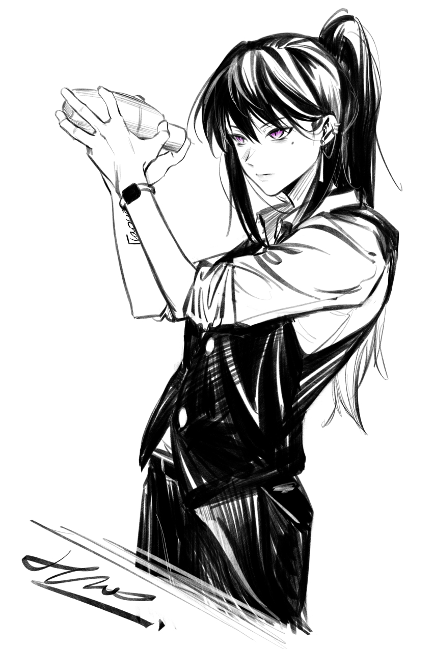 1girl absurdres bang_dream! bang_dream!_it&#039;s_mygo!!!!! chinese_commentary closed_mouth cocktail_shaker commentary_request ear_piercing earrings greyscale hero45439083942 highres jewelry linked_piercing mole mole_under_eye monochrome piercing ponytail purple_eyes shiina_taki solo spot_color vest