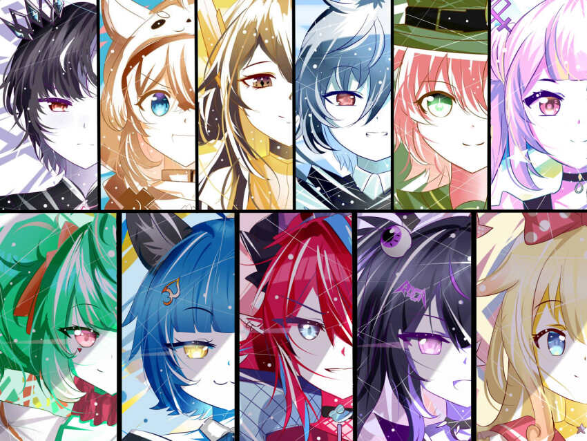 6+girls :3 animal_ears black_hair blonde_hair blue_eyes blue_hair brown_eyes commission coni_confetti fuyo_cloverfield green_eyes green_hair hair_ornament hair_ribbon chromashift juna_unagi kai_saikota long_hair looking_at_viewer momo_otako multicolored_hair multiple_girls nose nura_(nura01012333) orange_hair pink_hair pochi_wanmaru poko_rakun purple_eyes raccoon_ears red_eyes red_hair ribbon rin_penrose riro_ron roca_rourin_(vtuber) short_hair smile smirk star_(symbol) virtual_youtuber yellow_eyes yuko_yurei