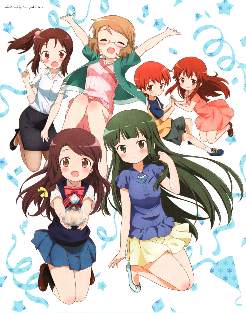 1boy 5girls :d ^_^ absurdres arms_up artist_name black_shoes black_skirt black_socks blue_shirt blue_shoes blue_shorts blue_skirt blue_vest blush bow bowtie brown_eyes brown_hair brown_pantyhose brown_shoes closed_eyes closed_mouth collared_shirt dress full_body glasses green_eyes green_hair green_jacket grey_shorts hair_bow hair_bun hand_in_own_hair highres incoming_food inokuma_kouta inokuma_mitsuki jacket jumping karasuma_sakura kin-iro_mosaic kuzehashi_akari loafers long_hair looking_at_viewer matsubara_honoka miniskirt moegi_high_school_uniform multiple_girls non-web_source official_art one_side_up oomiya_isami open_clothes open_jacket open_mouth outstretched_arms pantyhose pencil_skirt pink_bow pink_bowtie pink_dress pink_shirt pleated_skirt scan school_uniform semi-rimless_eyewear shirt shoes short_hair short_sleeves shorts sidelocks single_hair_bun skirt smile socks striped_bow striped_bowtie striped_clothes summer_uniform ueta_kazuyuki under-rim_eyewear vest white_shirt white_socks yellow_bow yellow_skirt