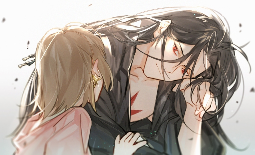 1boy 1girl azha8 black_hair black_robe brown_hair butterfly_earrings chest_tattoo closed_mouth earrings facing_away female_master_(the_tale_of_food) glint hair_behind_ear hand_on_another&#039;s_arm head_rest hetero highres jewelry lianhua_blood_duck_(the_tale_of_food) light_smile long_hair long_sleeves looking_at_another male_focus medium_hair open_clothes open_robe parted_bangs pink_shirt red_eyes robe shirt simple_background tattoo the_tale_of_food upper_body white_background