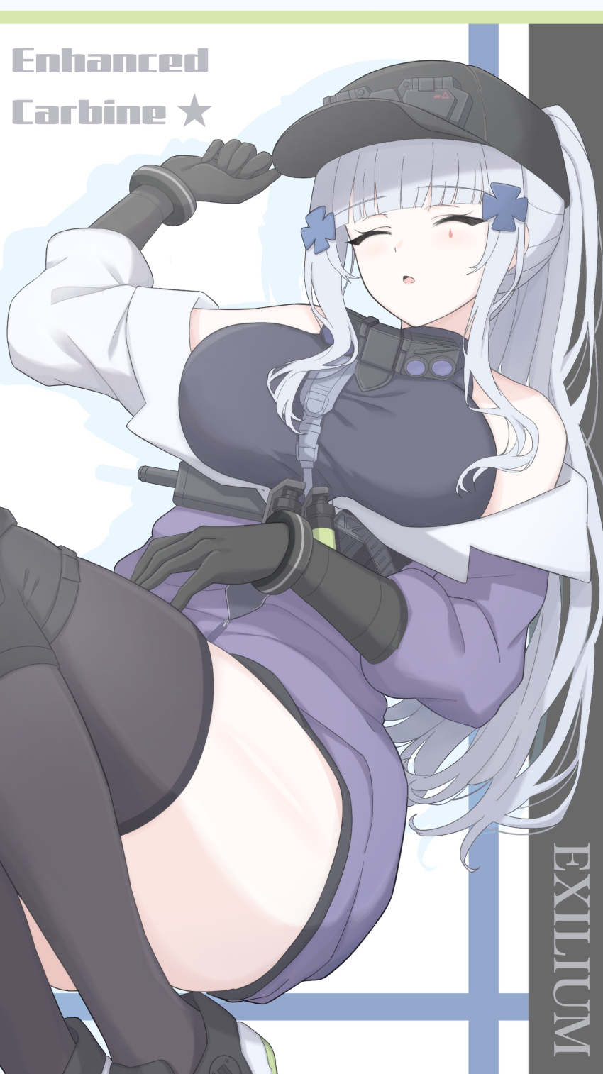1girl absurdres baseball_cap black_gloves black_hat black_thighhighs breasts closed_eyes copyright_name cross_hair_ornament english_text flashbang girls&#039;_frontline girls&#039;_frontline_2:_exilium gloves hair_ornament hat highres hk416_(girls&#039;_frontline) jacket klukai_(girls&#039;_frontline_2) long_hair multicolored_jacket off_shoulder open_mouth ponytail sleeping solo tattoo teardrop_facial_mark teardrop_tattoo thighhighs two-tone_jacket uchikata_takeaki white_hair